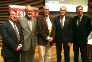 picture of Prof. Jonathan Edmondson, Chair of the History Department; York University President and Vice-Chancellor Dr. Mamdouh Shoukri, Professor Marcel Martel, Avie Bennett Historica-Dominion Institute Chair in Canadian History from the Public History Workshop